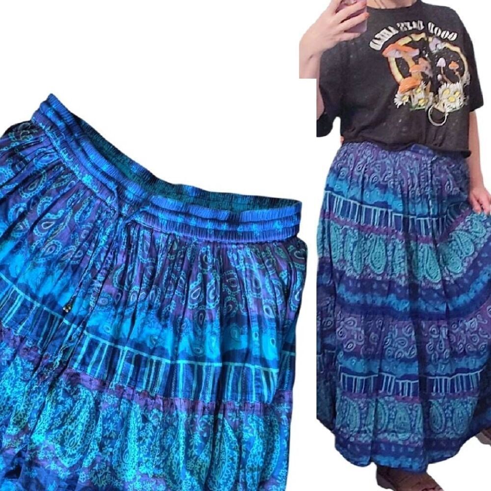 VTG 80s Blue Teal Purple Paisley Print Cotton Broomstick Midi Skirt Medium - Picture 2 of 13